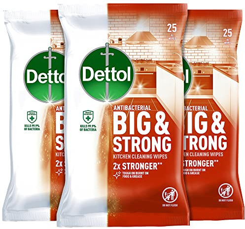 Dettol Antibacterial Biodegradable Kitchen Wipes, Pack of 3, Big & Strong, 25 Count Each, Eco-Friendly Surface Cleaner, Ideal for Hygienic Home Care, Effective Germ Protection