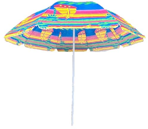 Generico Ombrellone mare/spiaggia/giardino diametro 220 - h210, amplio, con snodo inclinabile, 8 stecche, tessuto poliestere (Righe Rosa Giallo e Azzurro con Barca)