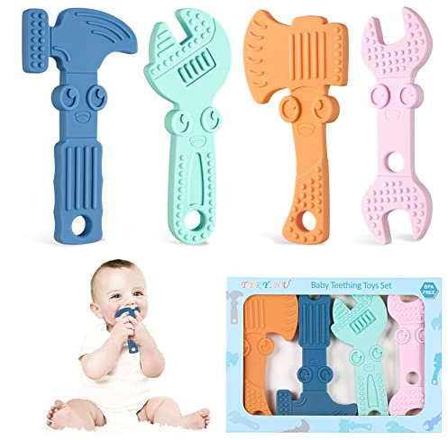 TYRY.HU Beißring für Babys, Kauspielzeug Greifling Beißspielzeug BPA-Frei Silikon Baby Kühlend Zahnungshilfe Spielzeug Geschenke für Neugeborene, 4 Stück(B)