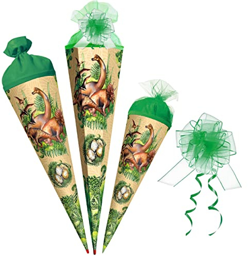 alles-meine.de GmbH Schultüte - Dinosaurier/Dino 35-85 cm Größe wählbar mit/ohne Holzspitze - Zuckertüte - inkl. Tüll Schleife - Zuckertüte - Tüllabschluß/Filzabsch..