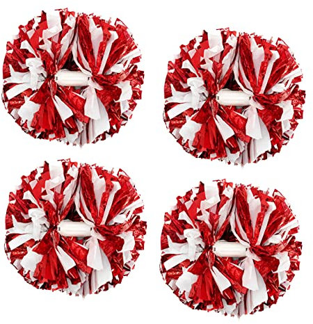 Creatiee Cheerleader-Pompons für Kinder, metallisch, 2 Paar, Cheerleader-Pompons für Jungen, Mädchen, Schule, Sport, Spiele, Teamgeist, Cheer (rot-weiß), 4 Stück