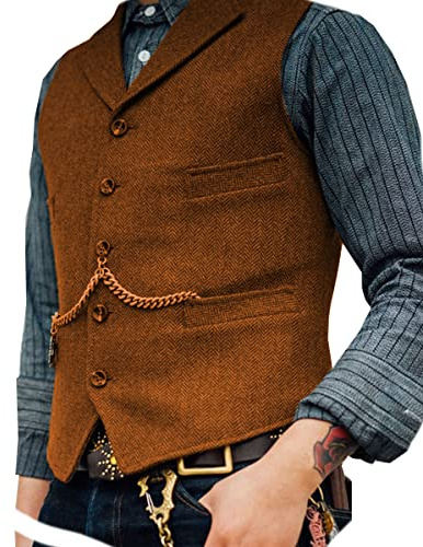 AeoTeokey Classic Mens Wool Tweed Suit Vest Casual Sleeveless Jacket Herringbone Waistcoat for Tuxedos(L,Orange)