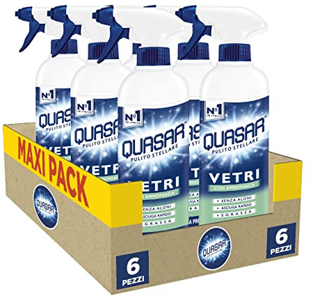 Quasar - Vetri con Ammoniaca - Senza Aloni, Asciuga Rapido, Sgrassa - 6 Flaconi da 750 ml