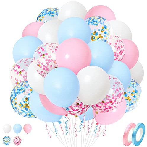Palloncini Rosa Blu, 50 Pezzi Palloncini in Lattice Bianco Blu Rosa da 12 Pollici con Palloncini di Coriandoli per Compleanno Battesimo Celebrazione di Rivelazione di Genere Decorazioni per Feste