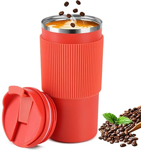 Tuzsocr Thermobecher, Minghaoyuan 500ml Kaffeebecher Edelstahl Travel Mug, Doppelwandig Isoliert, Auto Kaffeebecher to Go Für Tee, Kaffee, Heißes Kaltes Wasser Kaffee Thermobecher (Orange)