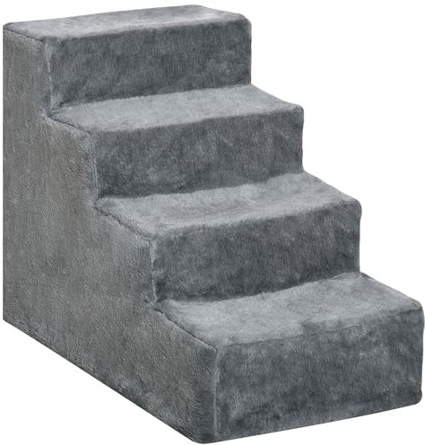 PawHut Escalier pour Chien à 4 marches escalier pour Chat échelle antidérapante pour Animaux de Compagnie Housse Amovible et Lavable 60 x 35 x 44 cm Gris Clair