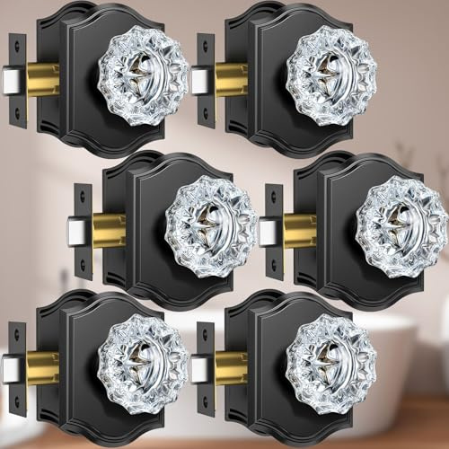 Calzibeno Glass Door Knobs Interior, 6 Pack Crystal Door Knobs with Lock for Privacy Use, Black Glass Door Knobs for Interior Bedroom Bathroom, Vintage Glass Crystal Door Knob Set