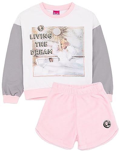 Barbie Pyjamas For Girls | Kids Living the Dream Fleece Loungewear | White Cotton Top with Pink Fluffy Shorts