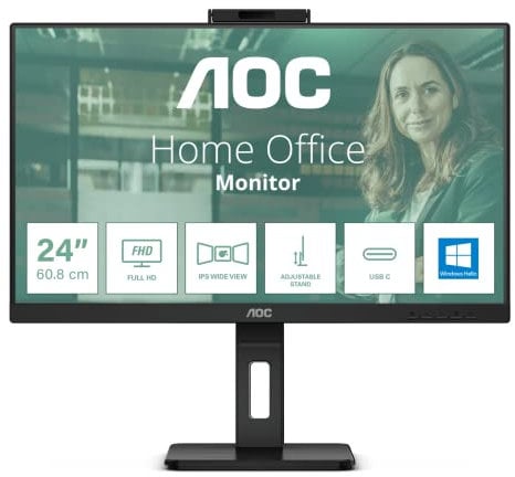 AOC 24P3CW - Monitor Full HD de 24 Pulgadas, Webcam de 5 MP, Ajustable en Altura, Altavoces 1920 x 1080, 75 Hz, HDMI, DisplayPort Entrada/Salida, USB-C 65W PD, RJ45, Concentrador USB Negro