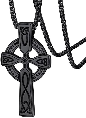 Black Cross Jewelry Vintage Viking Style Norse Runes Necklace Stainless Steel Irish Celtic Knot Charm Sturdy Chain Adjustable, Protection Gifts for Friends