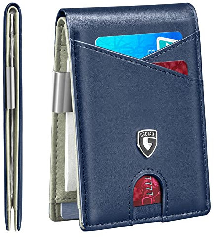 GSOIAX Schlanke Leder-RFID-Bifold Geldbörse für Herren mit Geldklammer und 12 Kreditkartenhaltern – minimalistische Vordertasche mit Ausweisfenster,Beige, Slim Jeans (schmales Bein)
