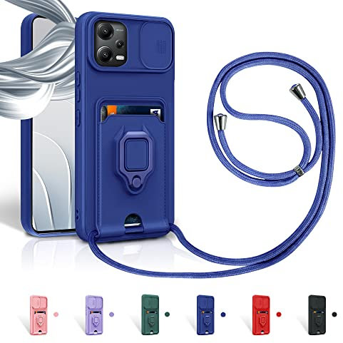 Aithne Cordon de Coque pour Xiaomi Redmi Note 12 Pro 5G / Poco X5 Pro 5G,Couvercle Coulissant de la Caméra+Support Annulaire à 360 Degrés,Fentes pour Cartes Lanyard Silicone Case -Bleu