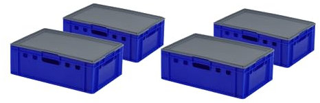 4 Stück E2 Kiste mit grauem Deckel 600 x 400 x 200 mm Fleischkiste Lagerkiste Metzgerkiste in blau