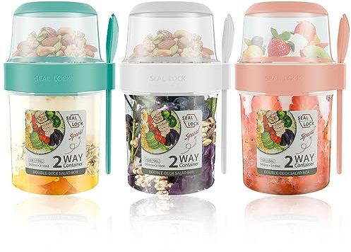 3 Pack Reusable Overnight Oats Container, Cereal Yogurt Cups Leak-Proof Breakfast Salad Cups with Lid and Spoon Portable Oatmeal Cup Breakfast On the Go Cups for School Office Travel