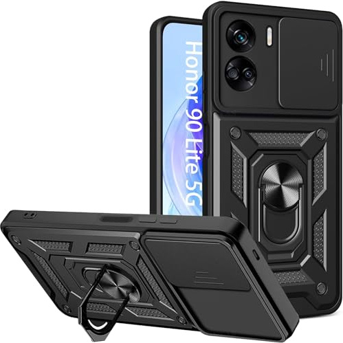 LeviDo Kompatibel für Honor 90 Lite Hülle Silikon mit Slide Kameraschutz Cover Hüllen Case mit Ring Ständer Halter Handyhalterung Auto Magnet Handyhülle Stoßfest Cover, Schwarz