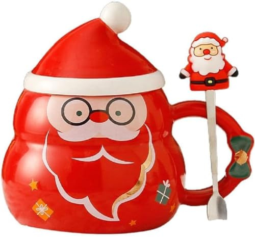 SuperglockT Weihnachtstasse mit Löffel 480ml Keramik Kaffeetasse Weihnachtsbaum design Kaffeebecher mit Weihnachtsmütze Deckel Weihnachtsmotive Bürotasse Geschenkidee (Rot)