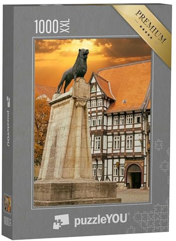 Puzzle 1000 Teile XXL „Löwenstatue und altes Fachwerkhaus in Braunschweig, Deutschland“ – aus der Puzzle-Kollektion Braunschweig