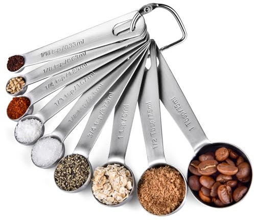 U-Taste Metal Measuring Spoons Set, 18/8 Stainless Steel Tablespoon Teaspoon Tbsp TSP Integrated Long Handle Round Measure Scoop for Baking Cooking (9 Pieces)