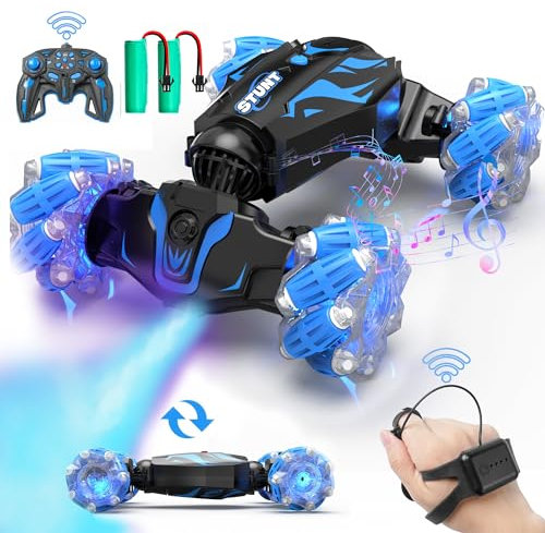 BEZGAR Ferngesteuertes Auto - Autos mit handsteuerung 4WD 2,4 GHz RC Auto für Kinder, Verwandeln Stunt car mit LED Sprühnebel Musik, Geschenk Junge Spielzeug ab 5 6 7 8 Jahre, Blau