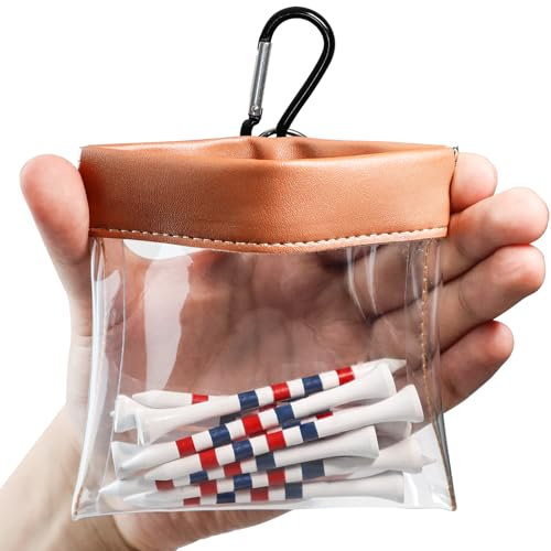 Golf Tee Ball Bag Pouch Clip Holder Transparent for Men Women, Golf Tee Waterproof Professional Holder Including Wood Bamboo Tees for Golf Course (1 Pack Brown)