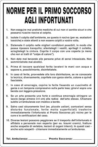 GLOBAL CARTELLO SEGNALETICO - NORME DI PRIMO SOCCORSO AGLI INFORTUNATI - Adesivo Extra Resistente, Pannello in Forex, Pannello In Alluminio (10x15 cm, Adesivo)