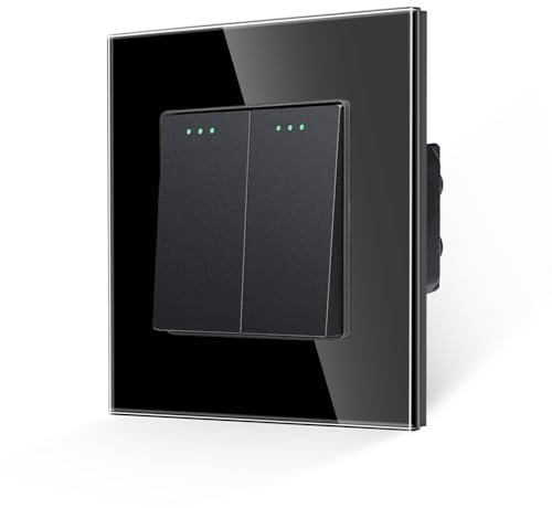 JIMEIDA Interruttore della luce 2 gang 1 via interruttore a pulsante moderno in vetro cristallo nero pannello da parete con punti fosforo, 10 A, 250 V