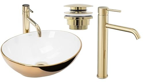 GTM Design Aufsatzwaschbecken Glanz Set mit Waschtischbatterie und Stopfen - Aufsatzwaschbecken Oval für Badezimmer - Modern Waschbecken ohne Hahnloch - Waschbecken mit Armature - Modell 8