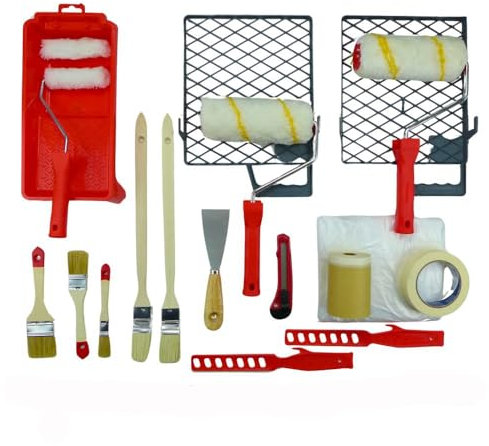 ROTIX Malerset 19-teilig für Anstrich von Wand und Decke Farbroller Pinsel Abdeckfolie Klebeband und praktische Helfer