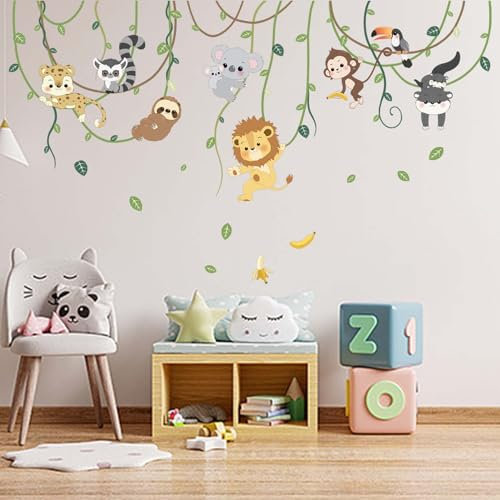 Amimagen Wandtattoos Tiere Klettern Bäume Wandaufkleber - Löwe Affe Faultier Koala Wandsticker - Baby Kindergarten Kinderzimmer Tagespflege Spielzimmer Klassenzimmer Wanddekor