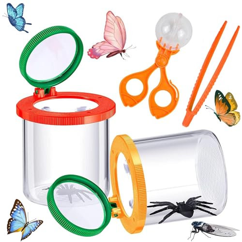 2 Stück Lupenglas Für Kinder mit Pinzette und Insektenfänger, Becherlupe Set, Becherlupen Für Kinder, Lupenglas, Lupenbecher, Lupendose Zur Beobachtung Von Insekten Oder Blättern(Rot, Gelb)
