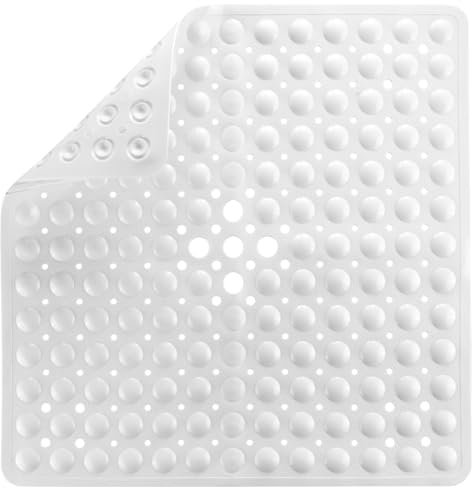 Pinzz Square Shower Mats Non Slip Anti Mould Bath Mats for Inside Bath Shower with Suction Cup Safety Bathroom Mat Machine Washable Shower Mat with Drain Holes,53x53CM(White)