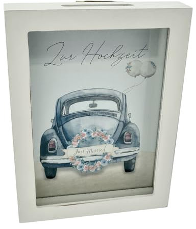 WB wohn trends Spardose Geldgeschenk, Zur Hochzeit Auto Käfer, 19,5x14,5x3cm, Holz weiß, im Bilderrahmen