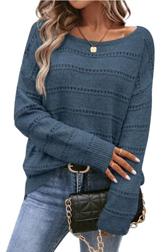 CFLHN Suéter suave de punto de ganchillo para mujer, con cuello barco, manga larga, hueco