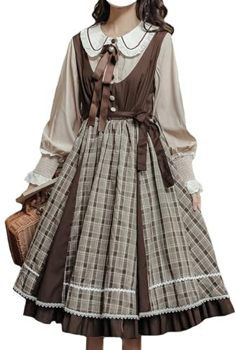 Robe vintage à manches longues japonaise pour femme - Faux carreaux - Robe Lolita décontractée - Printemps et automne, marron, XL