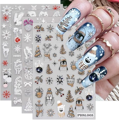 JMEOWIO Nagelsticker Weihnachten Glitzer 6 Blatt Nail Art Sticker Selbstklebend Nagelaufkleber Schneeflocke Winterferien Süß Dekoration Nageldesign Zubehör