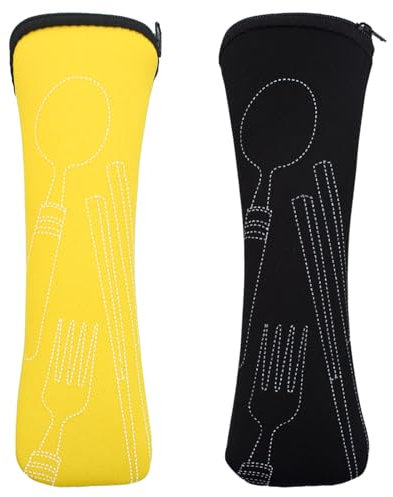 JJHXM 2 Pièces 20 * 6.5cm Boite a Couvert transportable,Couverts Lunch Box avec Fermeture éclair,Set Couverts Voyage,pour Camping déjeuner(Noir,Jaune)