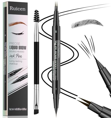 Eyebrow Pen - Eyebrow Pencil, Ruicen Micro Eyebrow Pencil 2-in-1 Dual-Ended Eyebrow Pen with Micro-Fork-Tip and Precise Brush-Tip Create Natural Hair-Like Brows, Last All-Day, Black