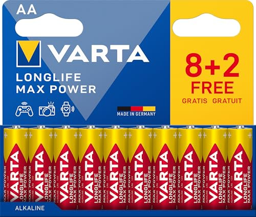 VARTA Batterien AA, 10 Stück, Longlife Max Power, Alkaline Mignon-Batterie | LR6 mit 1,5 V, Made in Germany, bis 10 Jahre lagerfähig, für Digitalkamera, Blitzgerät, Spielekonsole, Controller oder GPS