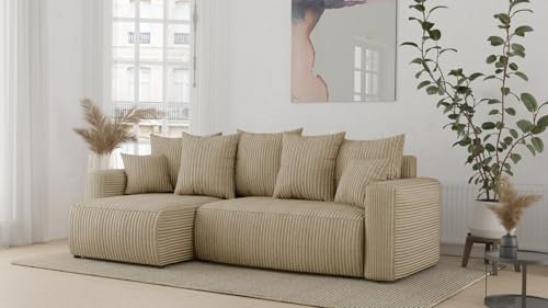 ecksofa mit schlaffunktion und bettkasten DENVER l-form sofa couch mit bettkasten, 3-Sitzer eckcouch, schlafsofa für wohnzimmer, sofa couch mit schlaffunktion (Beige, Ottomane Links)