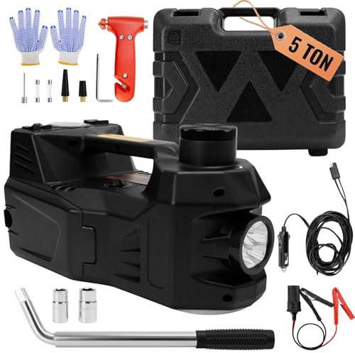 Elektrischer Wagenheber, 12 V, 5 Tonnen, hydraulischer Wagenheber-Set (Hubbereich: 15,5 bis 44,5 cm), 4-in-1 Hebebühne – Luftpumpe, Drehmomentschlüssel, LED-Lampe, für SUV, Limousine, Garage
