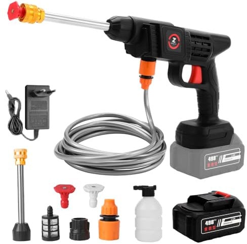 Hidrolimpiadora inalámbrica de 21 V, 50 bar, con batería, limpiador de alta presión portátil con manguera de espuma, para limpieza y riego (1 batería de 3 Ah)