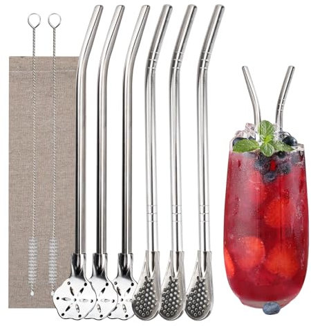 DIYJEP 6 Stück Wiederverwendbare Metall Strohhalme Filter Löffel, Edelstahl verlängert Trinkhalm mit 2 Strohhalm Reiniger für Filter Sediment, Milchshake, Kaffee, kalte/Heiße Getränke (Silber)