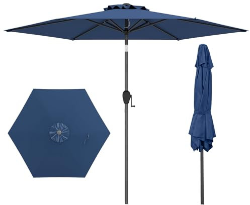 COSTWAY Sonnenschirm 230 cm, Gartenschirm mit Kurbel, beidseitig um 35° knickbar, Terrassenschirm mit 6 Rippen, Marktschirm für Garten, Balkon, Terrasse (Marineblau)