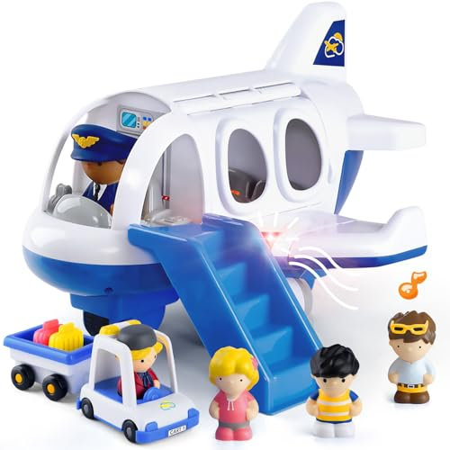 PLAY Avión de Juguete para Niños 1-3 Años - Set de Aviones Viaje con Maletero, Muñecos, Sonidos Realistas y Luces - Avión Infantil para Niñas y Niños - Regalo Cumpleaños/Navidad (Azul)