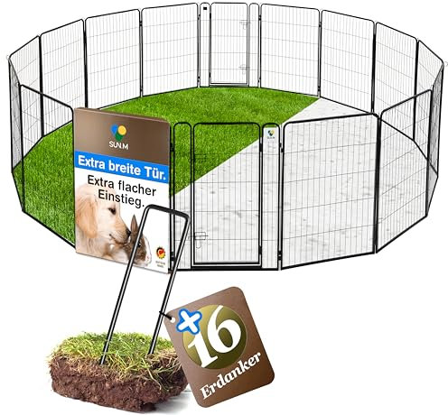 SUN-M Welpenauslauf 100cm hoch, 16-teilig mit 2 Türen, erweiterbarer Hundezaun für Garten& Wohnung, Werkzeugfreie Montage, faltbares Freilaufgehege, Laufstall Hund, Kleintiergehege, Welpengitter