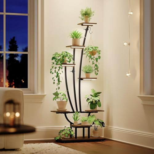 Trironsun Supporto per piante con luce di crescita a 7 livelli in metallo e legno, supporto per fiori alto per interni, soggiorno, balcone o giardino