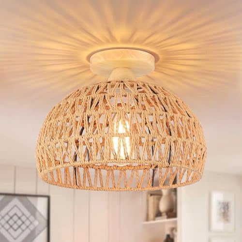 JIINOO Handgewebte Rattan Deckenleuchte, Vintage Landhausstil Deckenlampe mit Holzdecke für Geneigte Decken, Wohnzimmer,Esszimmer,Flur, E27