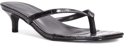 ESSEX GLAM Women's Kitten Heel Toe Post Sandals Ladies Black Synthetic Leather Slip On Low Heeled Mule Shoes Size 8