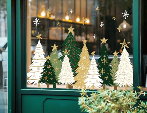 Whaline 9 Sheets Christmas Window Clings Window Decals White Green Gold Xmas Tree Snowflake Reusable Anti-Collision PVC Stickers for Winter Home Glass Mirror Decor