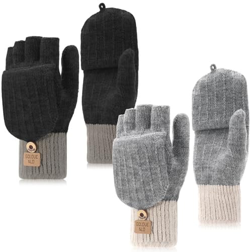 Vyuwast 2 Paar Fingerlose Handschuhe für Herren Damen | Halbfinger Handschuhe mit Kappe Strick Fingerhandschuhe Warm Winterhandschuhe für Skifahren Radfahren Sport